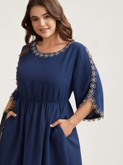 Lace Detail Trumpet Sleeve Midi Dress
