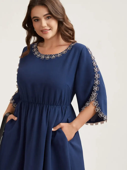 Lace Detail Trumpet Sleeve Midi Dress