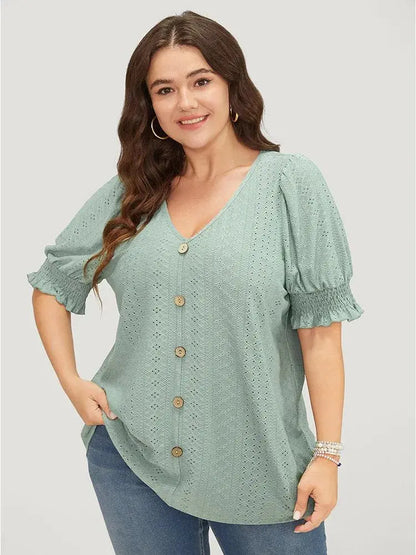 Plain Broderie Anglaise Shirred Puff Sleeve Button Detail T-shirt