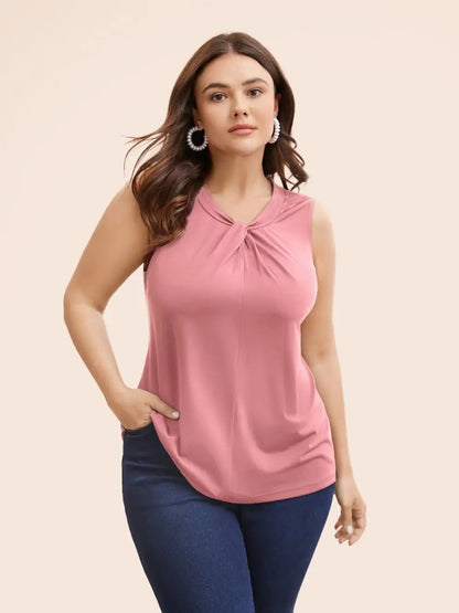 Solid Asymmetrical Neck Twist Front Tank Top