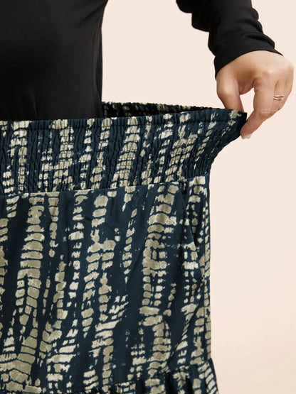 Geometric Shirred Ruffle Layered Hem Skirt