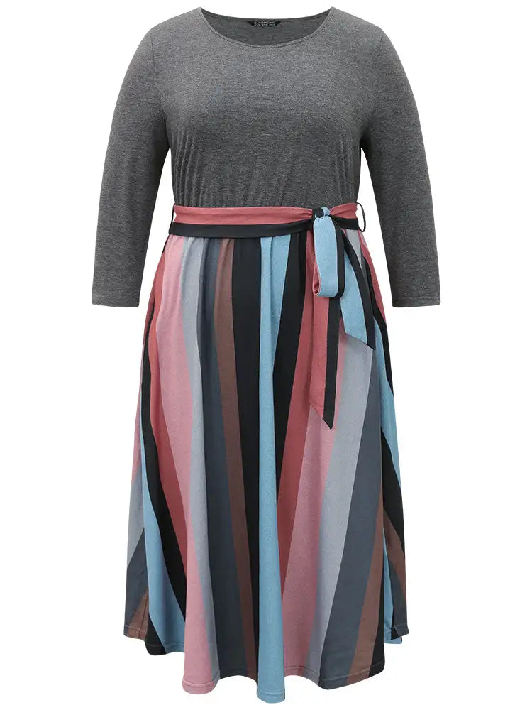 Striped Contrast Patchwork Belted Dress