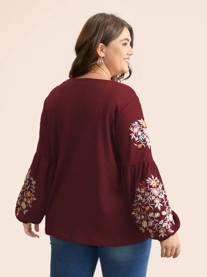 Waffle Knit Floral Embroidered Lantern Sleeve T-Shirt