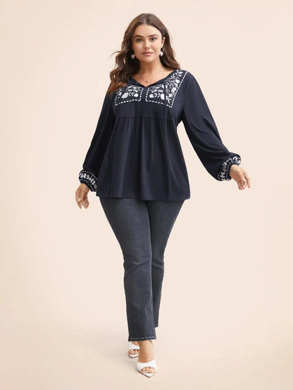 Floral Embroidered Knot Neck Lantern Sleeve T-Shirt