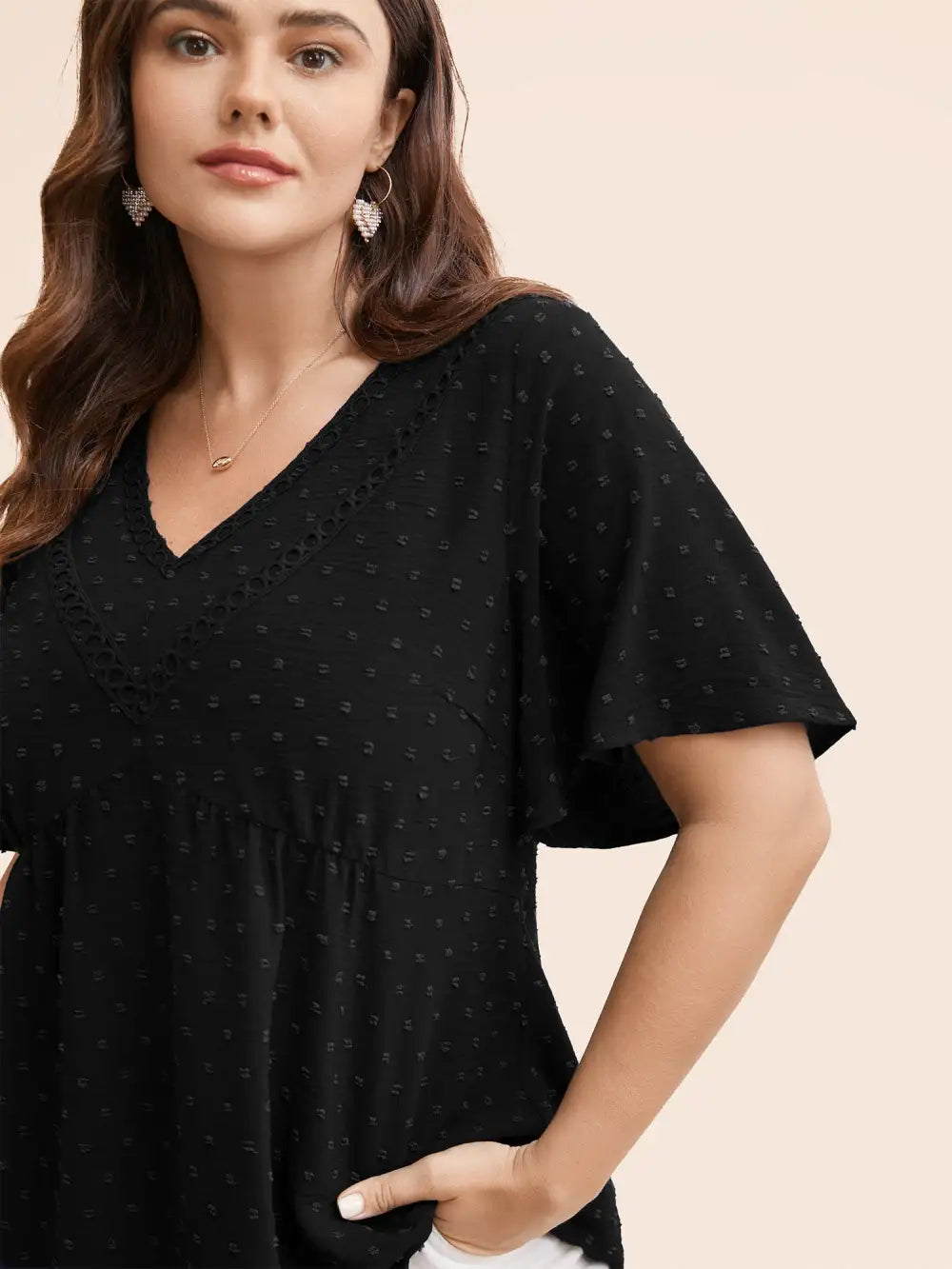 Polka Dot Frill Trim V Neck Flutter Blouse