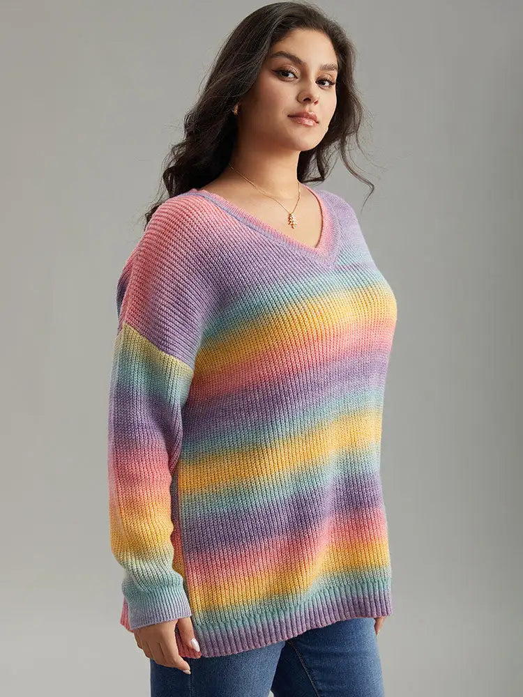 Rainbow Ombre V Neck Loose Pullover