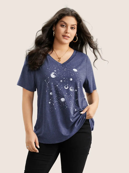 Moon And Star Print V Neck T-Shirt