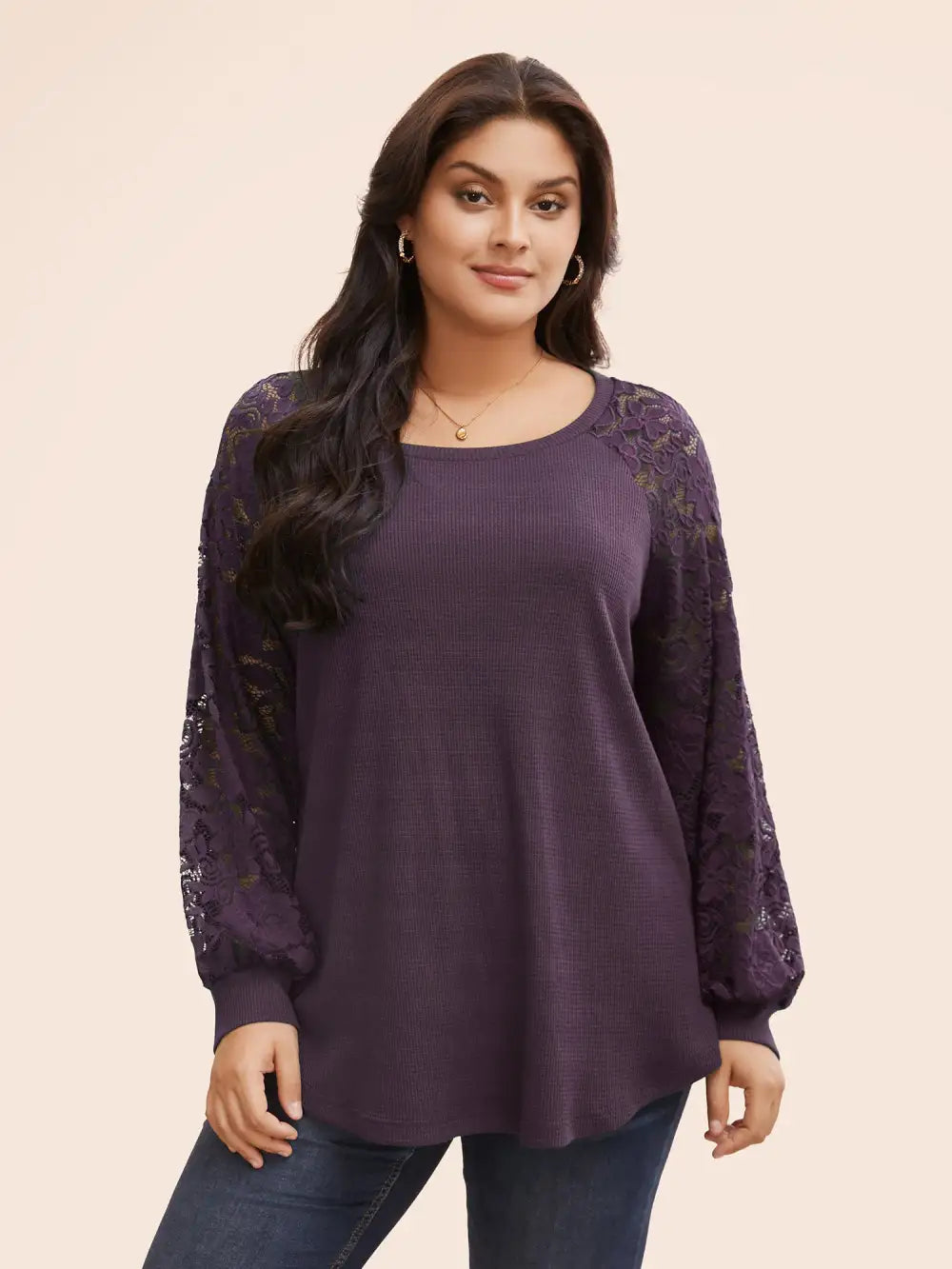 Plain Lace Panel Round Neck Raglan Sleeve T-Shirt