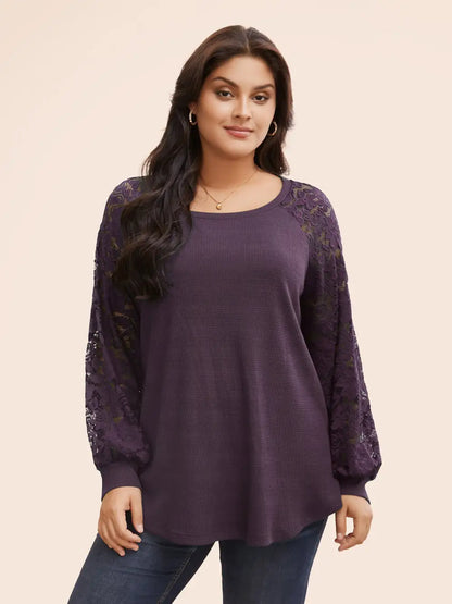 Plain Lace Panel Round Neck Raglan Sleeve T-Shirt