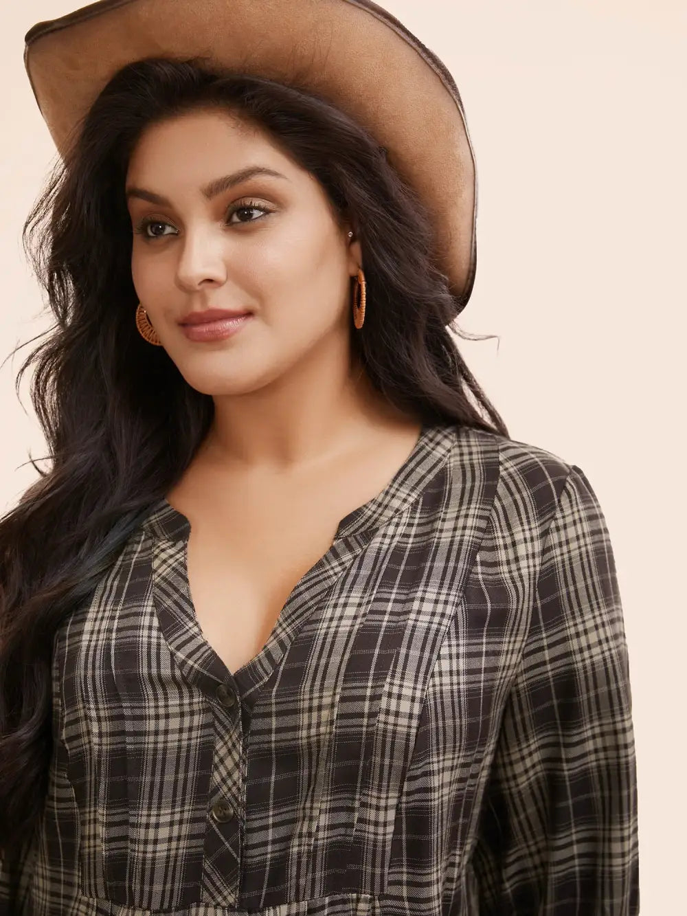 Plaid Pleated Button Placket Blouse