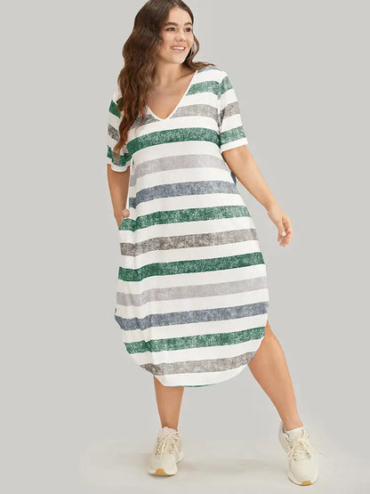 Striped Contrast Arc Hem V Neck Pocket Dress