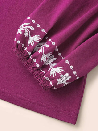 Floral Embroidered Knot Neck Lantern Sleeve T-Shirt