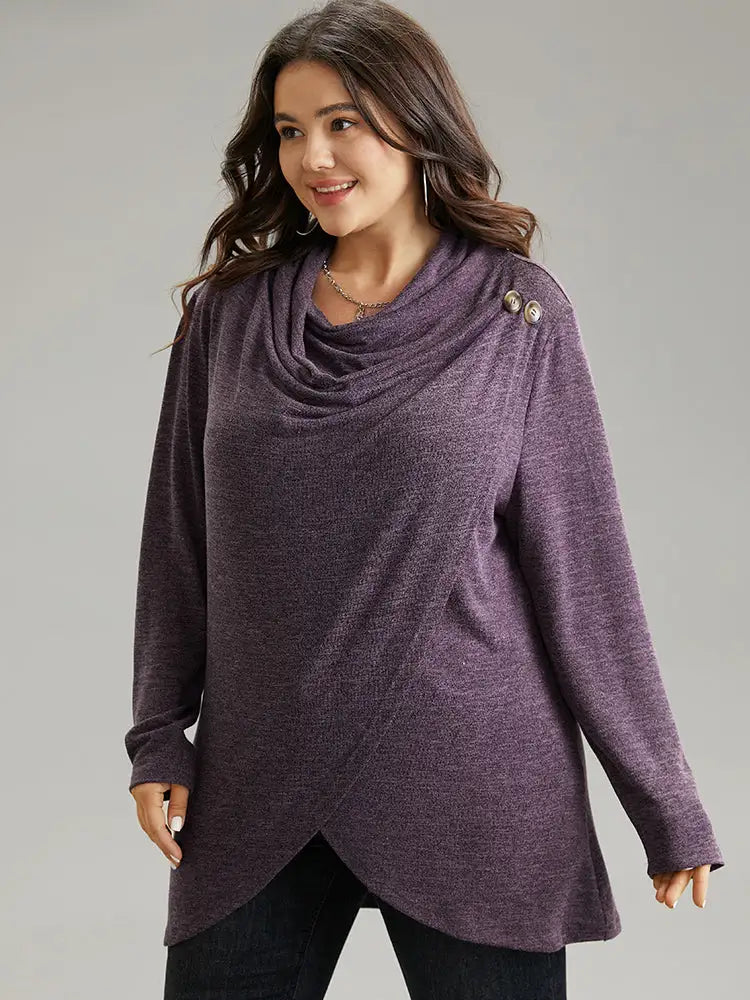 Plain Heather Cowl Neck Button Detail Sweatshirt