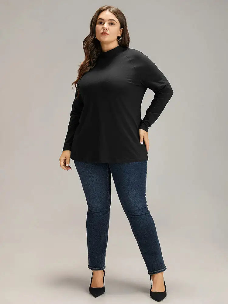 Cotton Mock Neck Raglan Sleeve T-Shirt