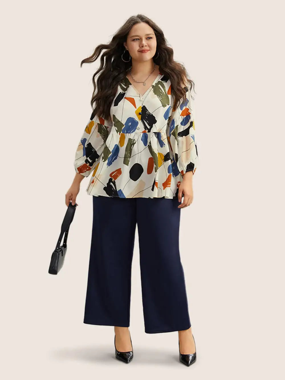 Brush Print Button Detail Elastic Cuffs Blouse