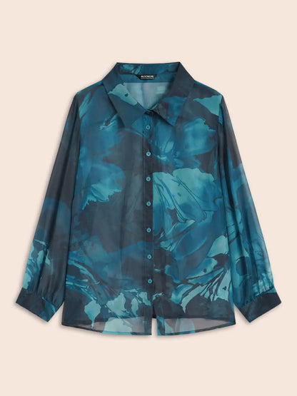 Watercolor Floral Mesh Shirt Collar Blouse