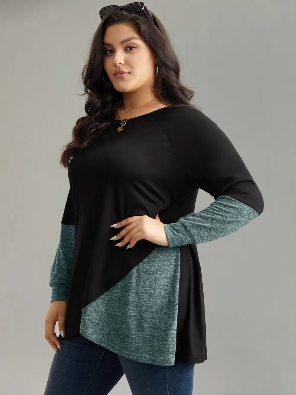 Two Tone Patchwork Heather Arc Hem T-Shirt