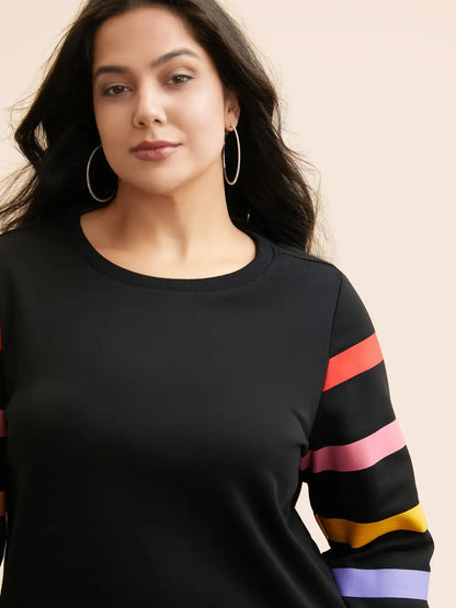 Colored Striped Patchwork Slightly Stretchy Sweatshirt