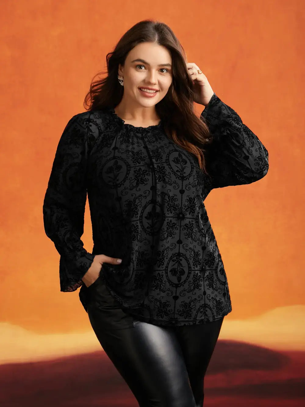 Elastic Flocked Mesh Blouse