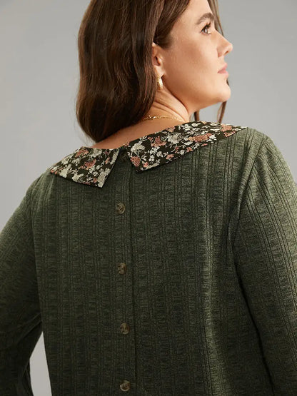Ditsy Floral Patchwork Button Detail Lapel Collar T-Shirt