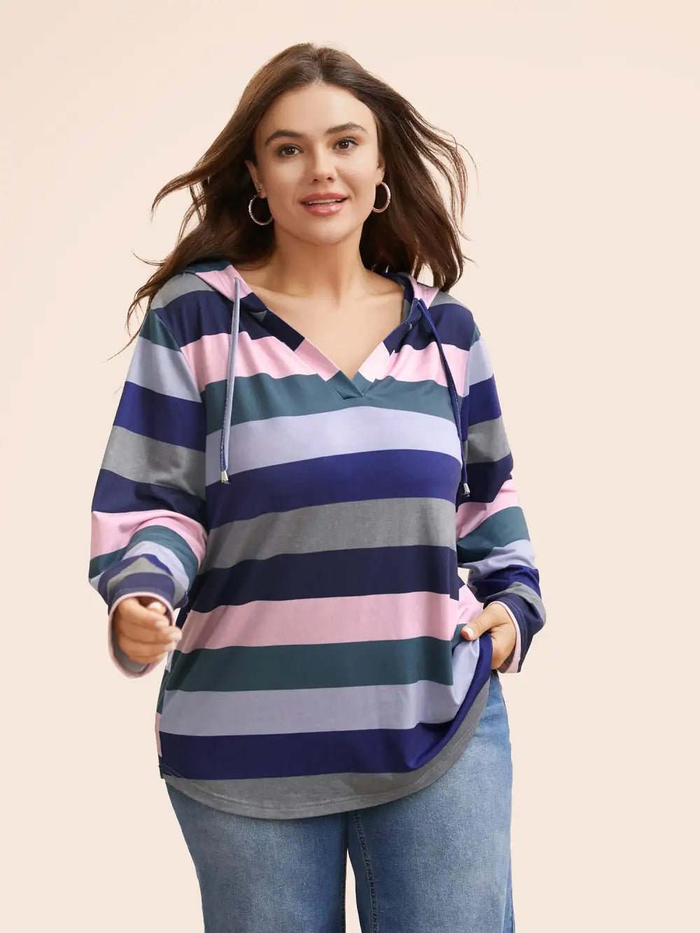 Contrast Striped Hooded Drawstring T-Shirt