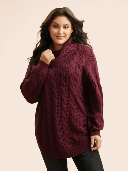 Turtleneck Cable Knit Curved Hem Pullover
