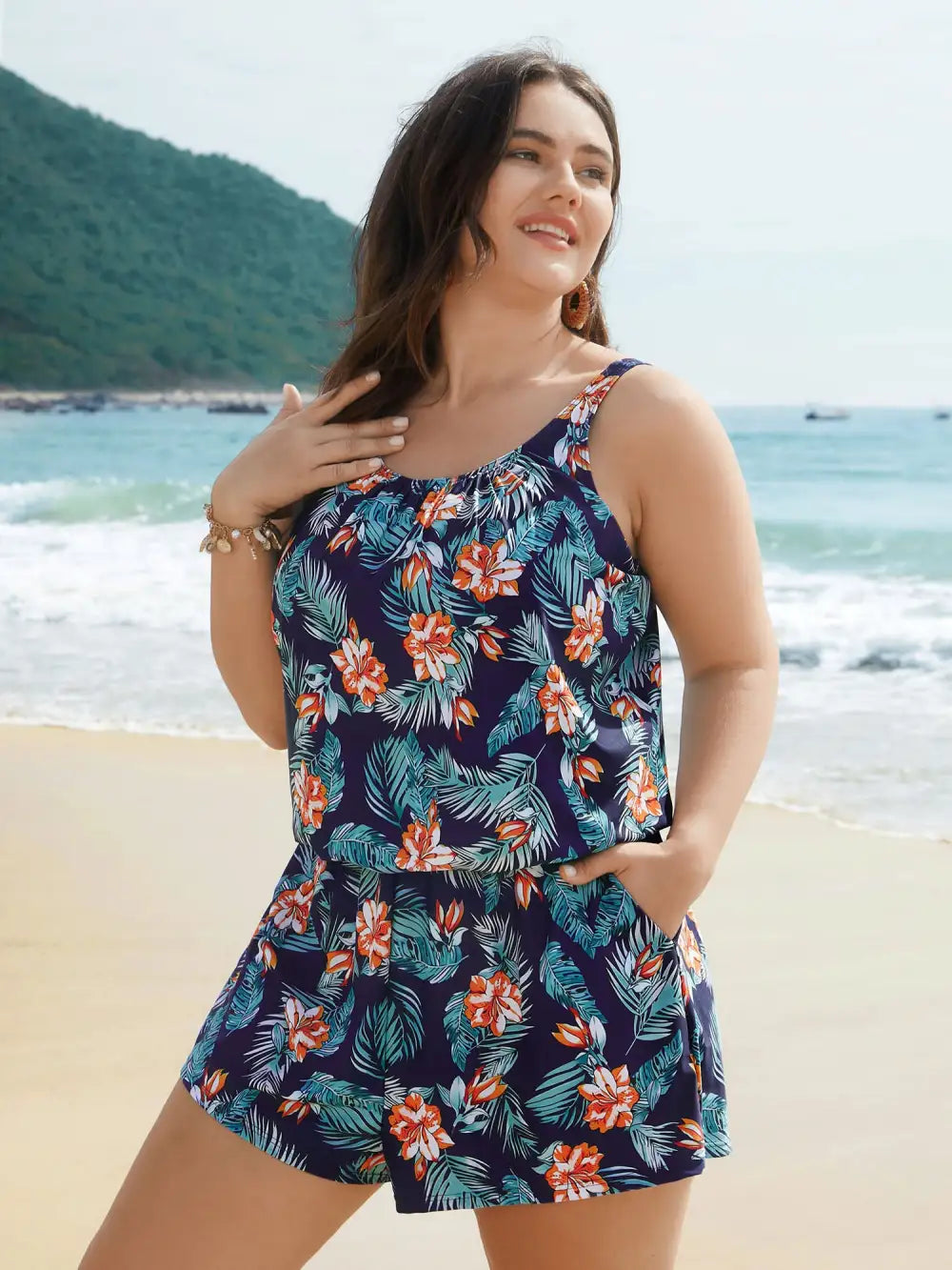 Tropical Flower Print Pockets One-Piece Swimsuit