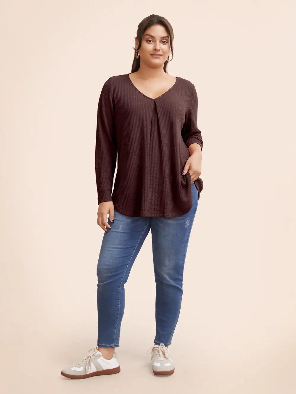 Plain Waffle Knit Scoop Neck Plicated Detail T-Shirt