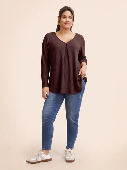 Plain Waffle Knit Scoop Neck Plicated Detail T-Shirt