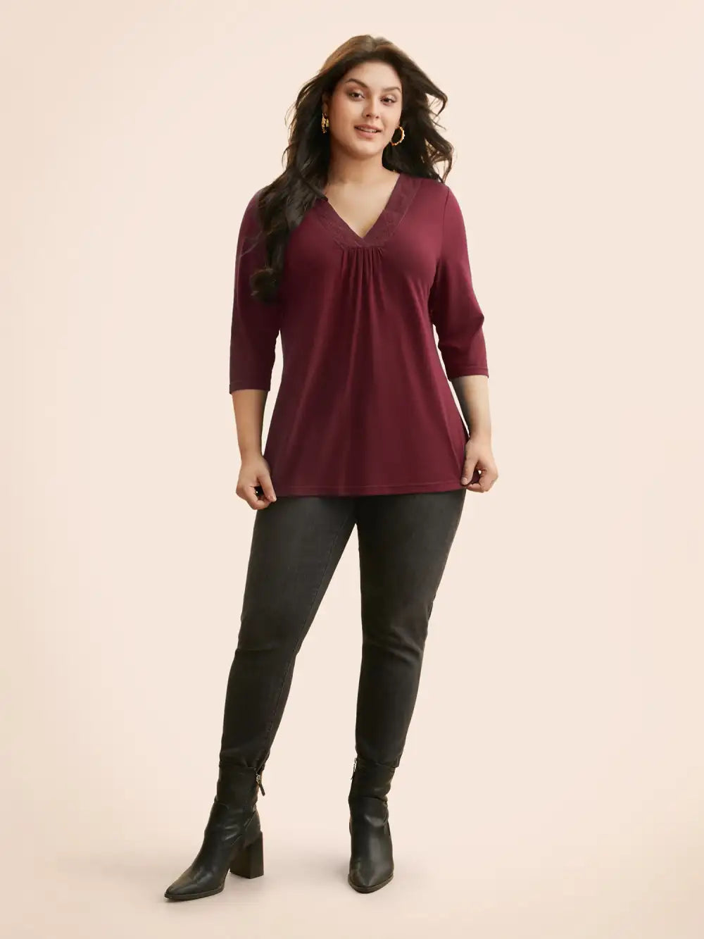 V Neck Embroidered Patchwork Gathered T-Shirt