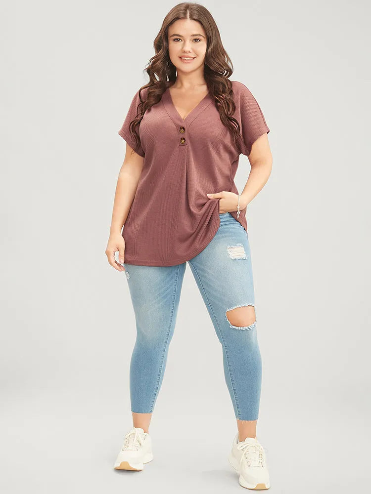Solid Dolman Sleeve Button Detail Waffle Knit T-shirt