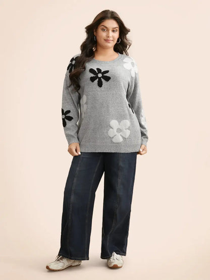 Round Neck Floral Jacquard Pullover