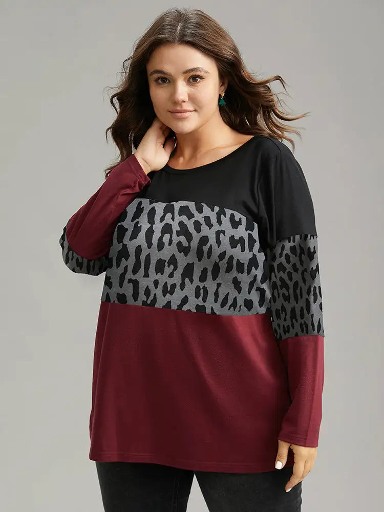 Plaid Contrast Patchwork Round Neck T-Shirt