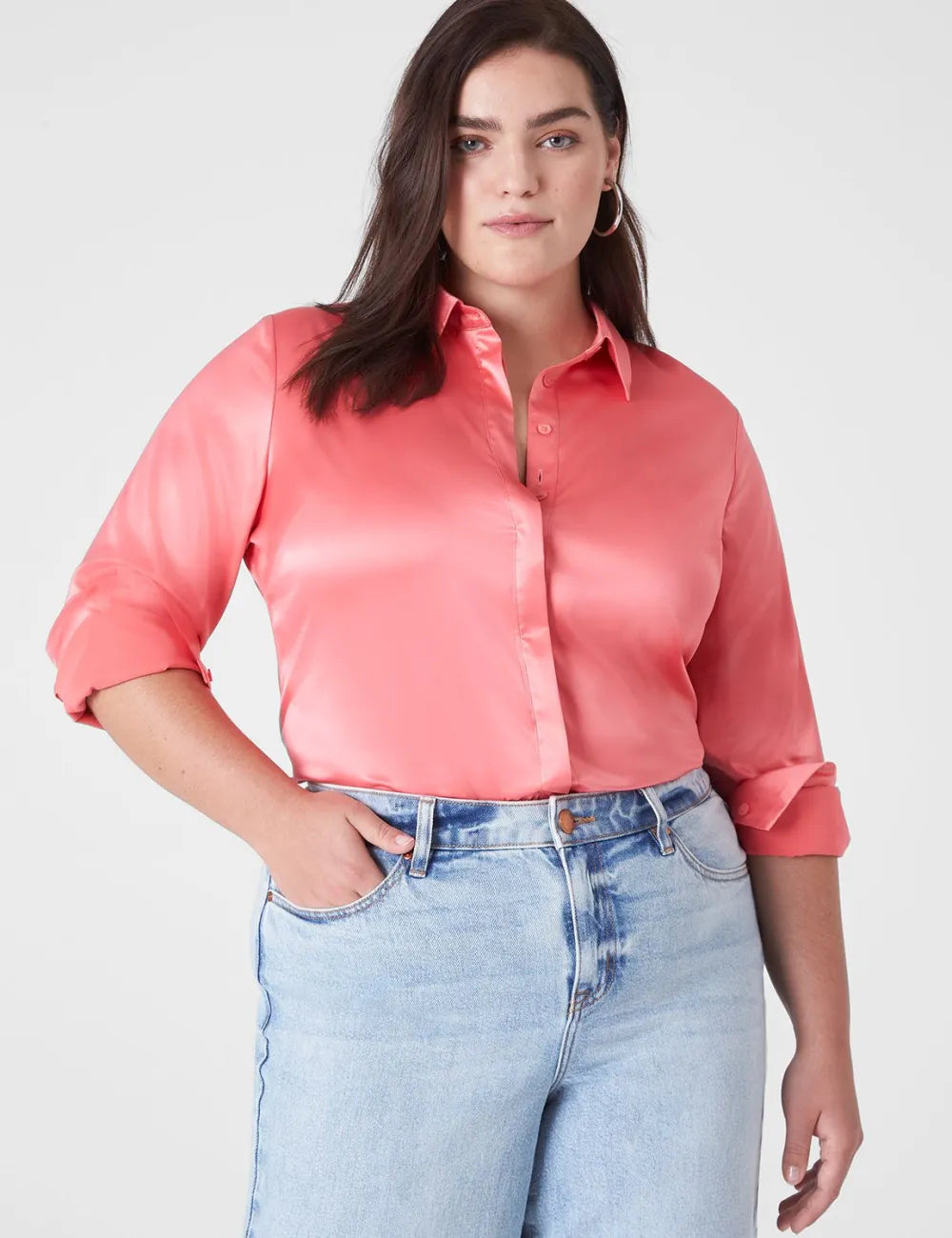 Collar Button-Down Satin Shirt