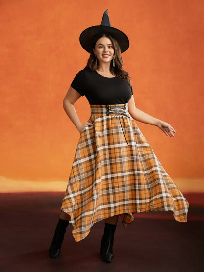 Elastic Plaid Asymmetrical Hem Dress