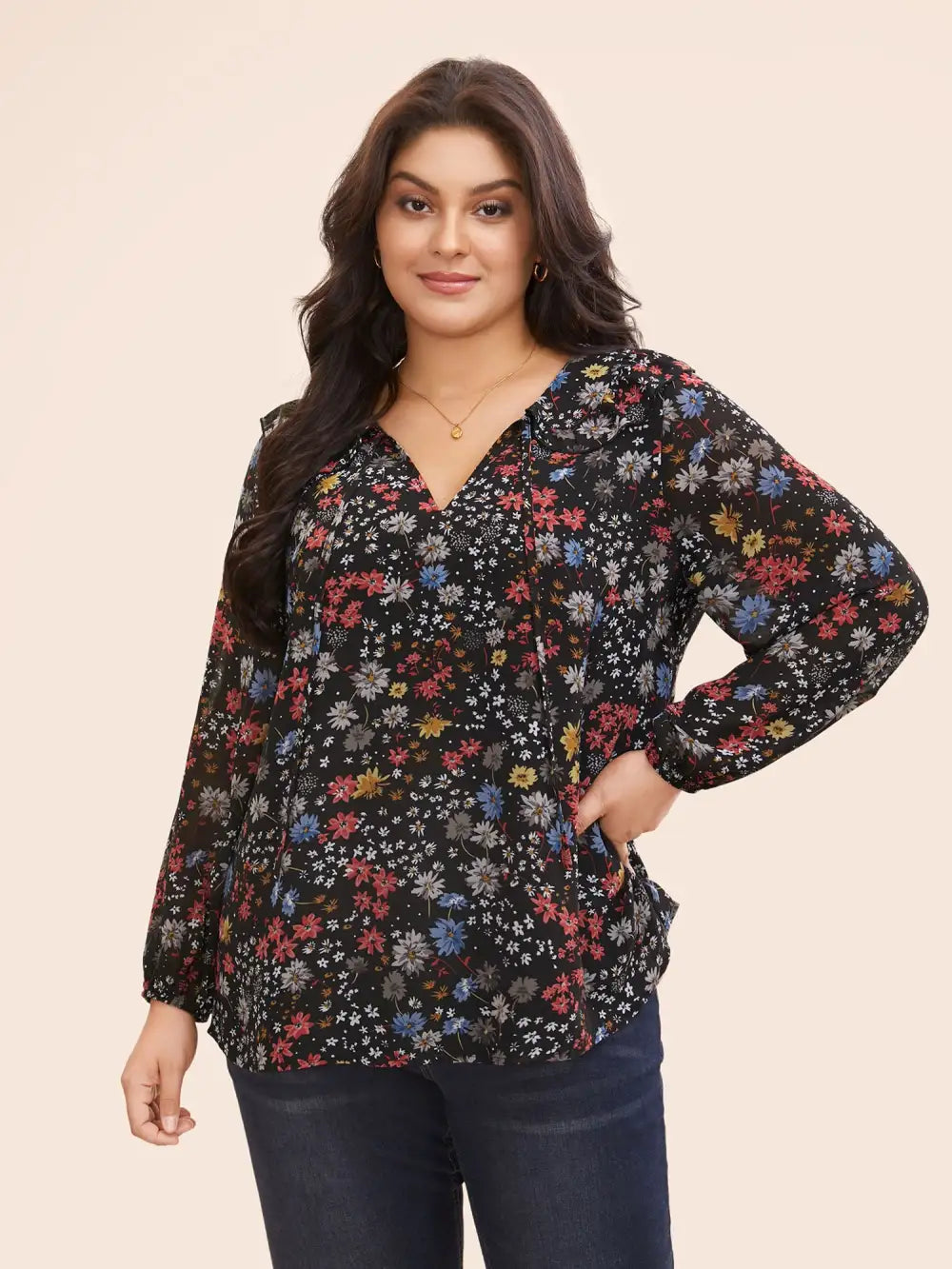 Chiffon Floral Tie Knot Ruffle Trim Blouse