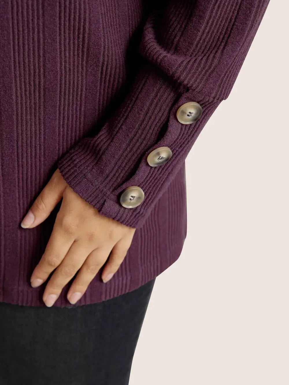 Rib Knit V Neck Button Detail T-Shirt