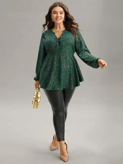 Glitter Lantern Sleeve Elastic Waist Lace Up Blouse