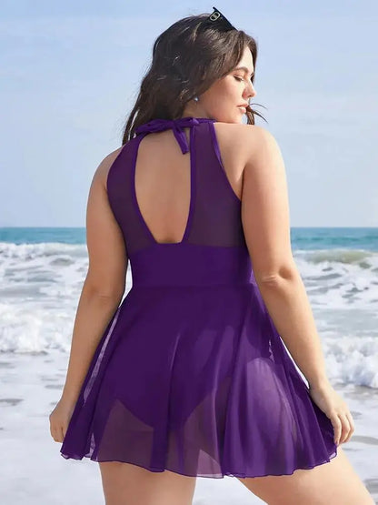 Knotted Back Mesh Insert Halter Swim Dress