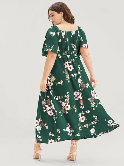 Floral Square Neck Ruffles Pocket Shirred Split Dress