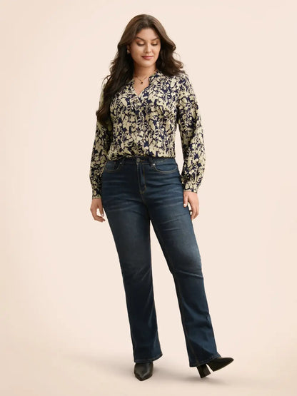 Silhouette Floral Print Notched Frill Trim Blouse