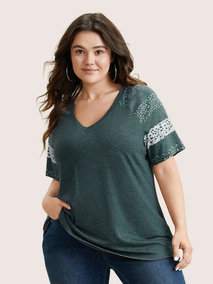 Ditsy Floral Colorblock Contrast Raglan Sleeve T-Shirt