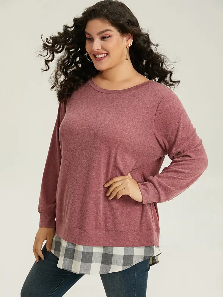 Heather Plaid Patchwork Crew Neck T-Shirt