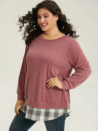 Heather Plaid Patchwork Crew Neck T-Shirt