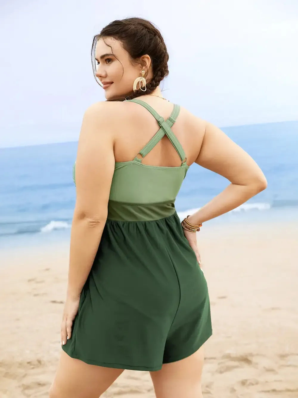 Patchwork Contrast Crossover One Piece Swimsuit