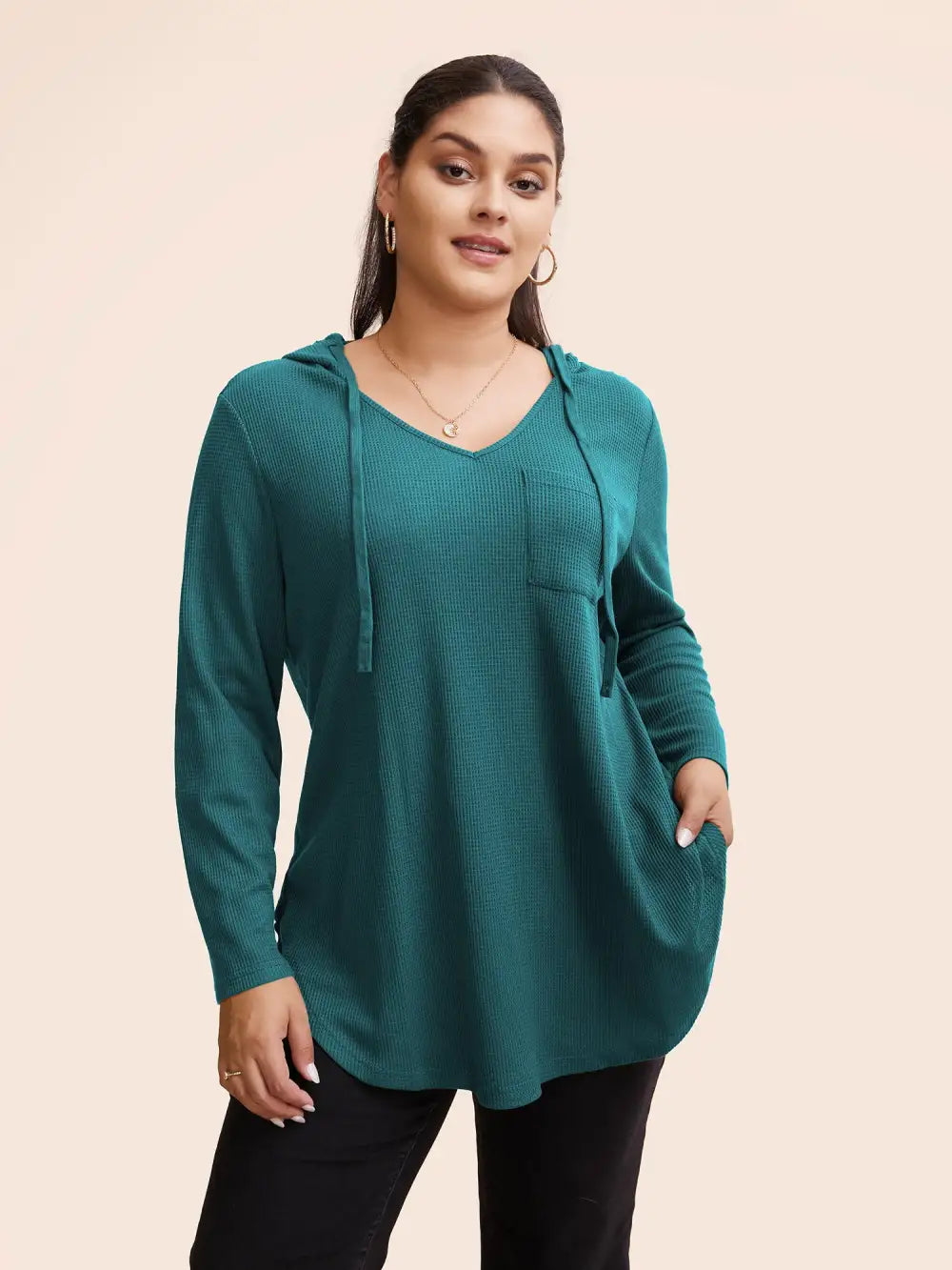 Waffle Knit Pocket Hooded Drawstring Arc Hem T-Shirt