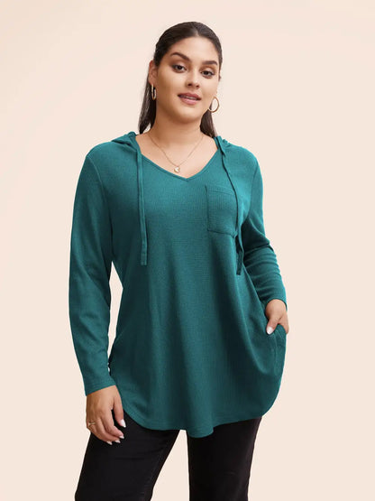 Waffle Knit Pocket Hooded Drawstring Arc Hem T-Shirt
