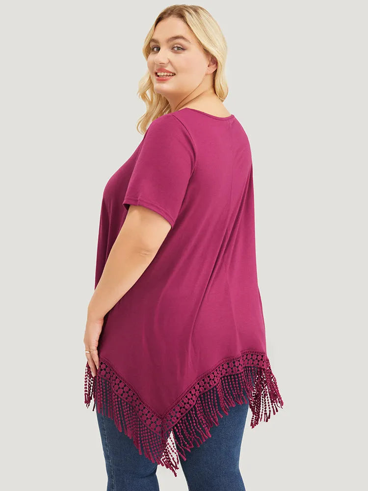 Solid Round Neck Lace Fringe Hem T-shirt