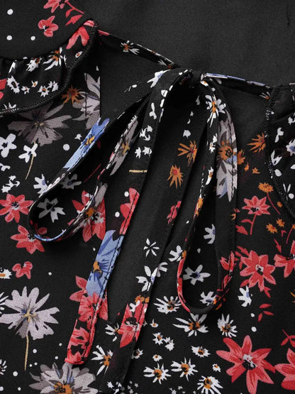 Chiffon Floral Tie Knot Ruffle Trim Blouse