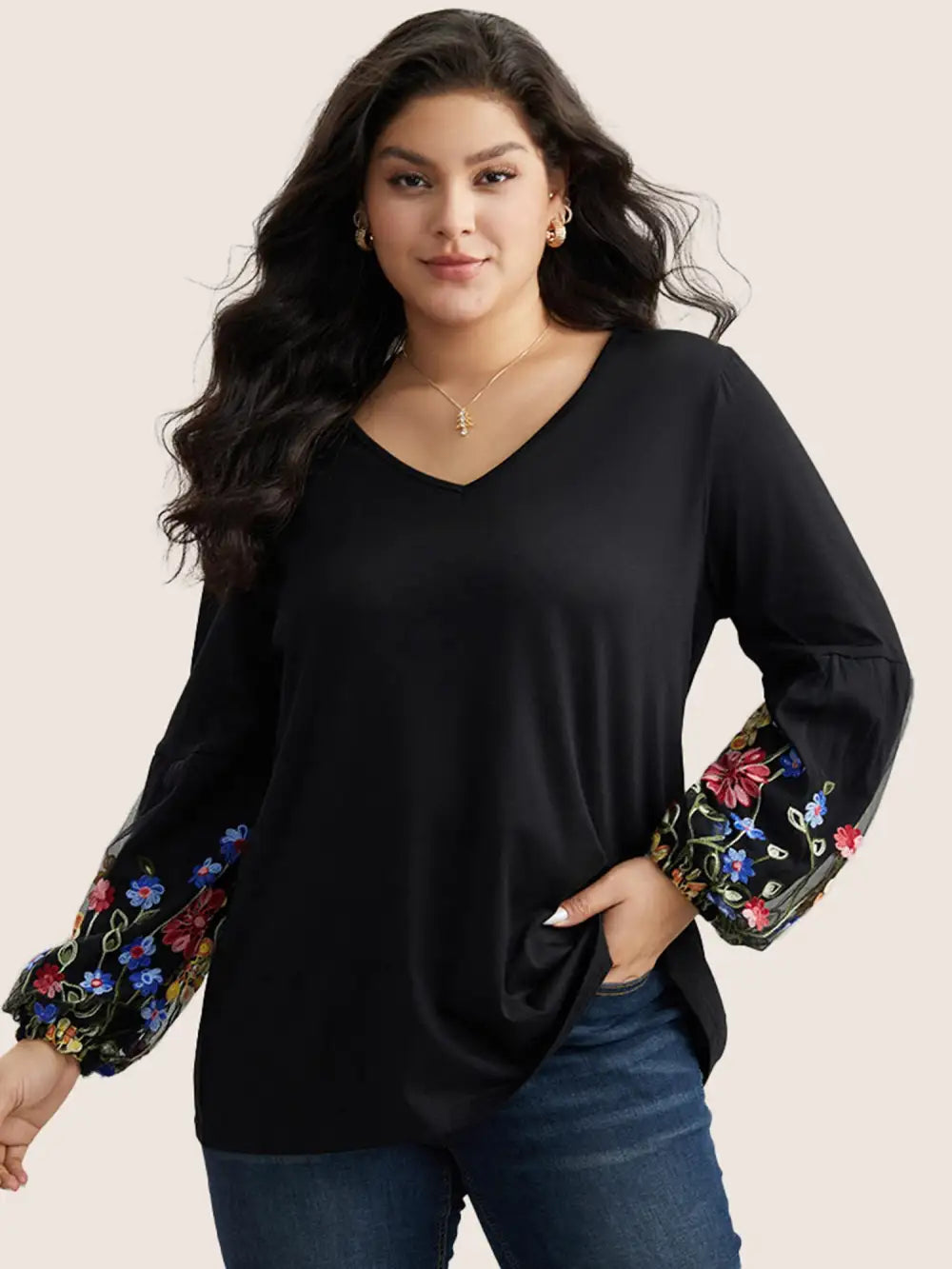 Floral Embroidered Lantern Sleeve T-Shirt